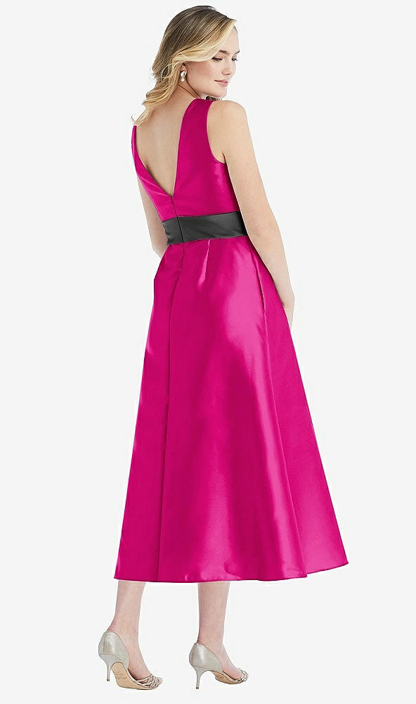 Back View - Think Pink & Pewter High-Neck Asymmetrical Shirred Satin Midi Dress with Pockets