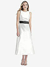 Front View Thumbnail - White & Pewter High-Neck Asymmetrical Shirred Satin Midi Dress with Pockets