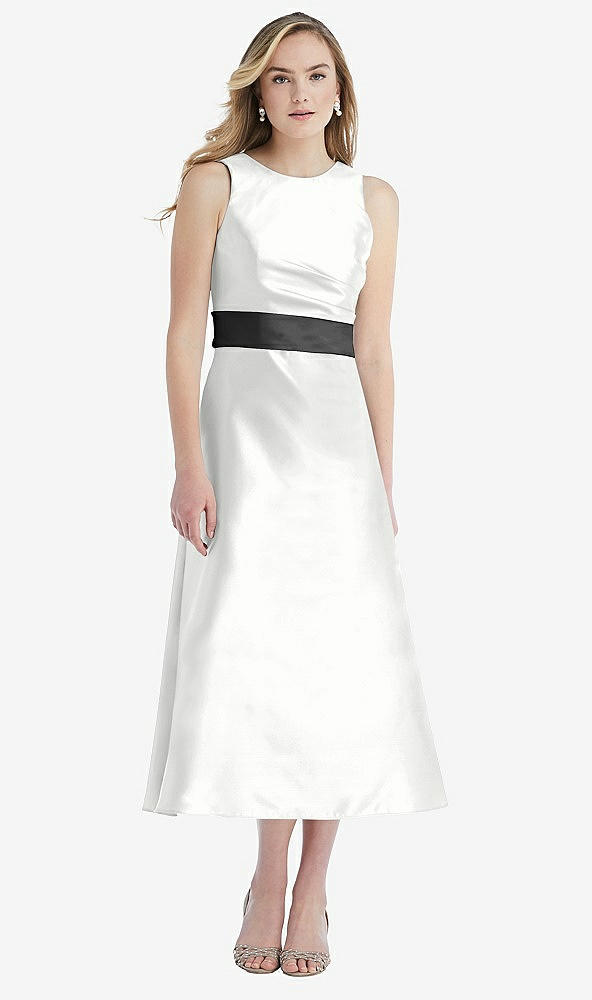 Front View - White & Pewter High-Neck Asymmetrical Shirred Satin Midi Dress with Pockets