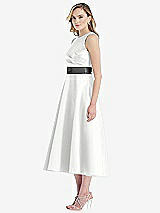 Side View Thumbnail - White & Pewter High-Neck Asymmetrical Shirred Satin Midi Dress with Pockets