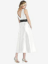 Rear View Thumbnail - White & Pewter High-Neck Asymmetrical Shirred Satin Midi Dress with Pockets