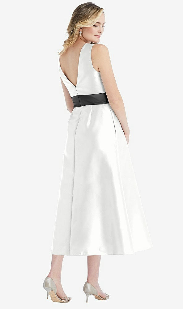 Back View - White & Pewter High-Neck Asymmetrical Shirred Satin Midi Dress with Pockets