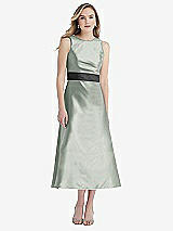 Front View Thumbnail - Willow Green & Pewter High-Neck Asymmetrical Shirred Satin Midi Dress with Pockets