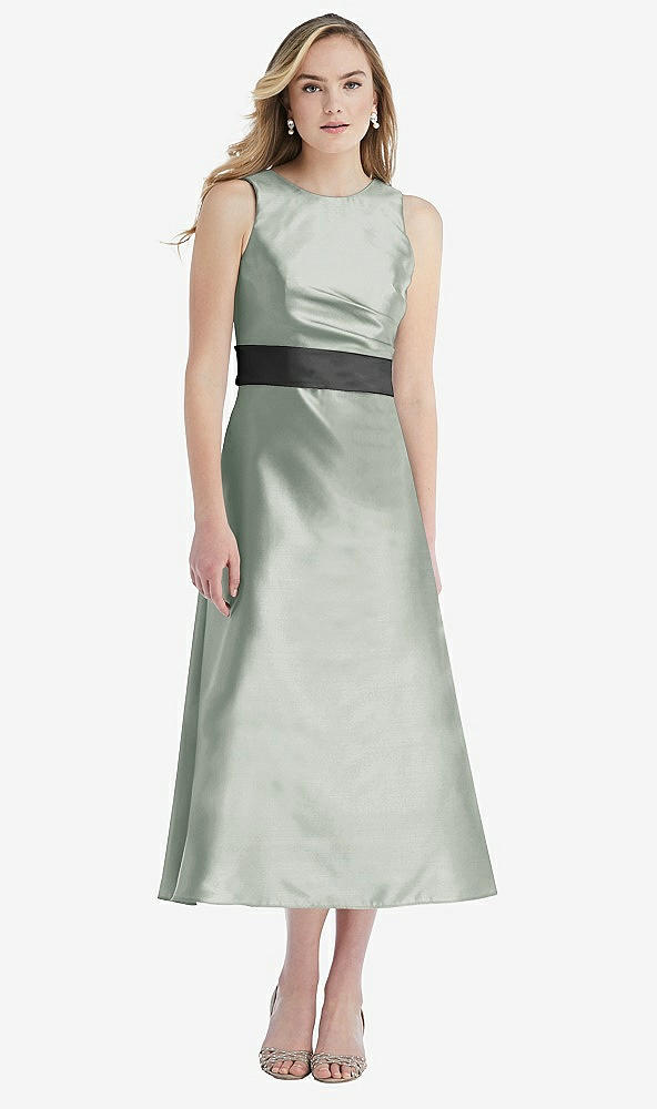 Front View - Willow Green & Pewter High-Neck Asymmetrical Shirred Satin Midi Dress with Pockets