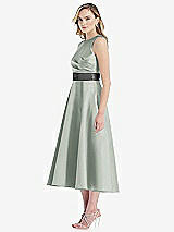 Side View Thumbnail - Willow Green & Pewter High-Neck Asymmetrical Shirred Satin Midi Dress with Pockets