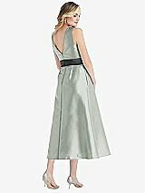 Rear View Thumbnail - Willow Green & Pewter High-Neck Asymmetrical Shirred Satin Midi Dress with Pockets