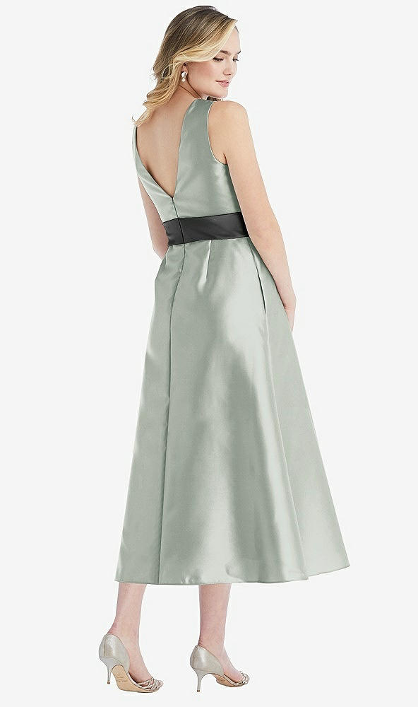 Back View - Willow Green & Pewter High-Neck Asymmetrical Shirred Satin Midi Dress with Pockets