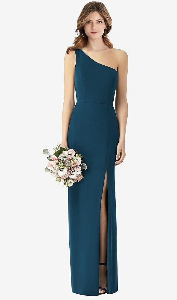 Front View - Atlantic Blue One-Shoulder Crepe Trumpet Gown with Front Slit