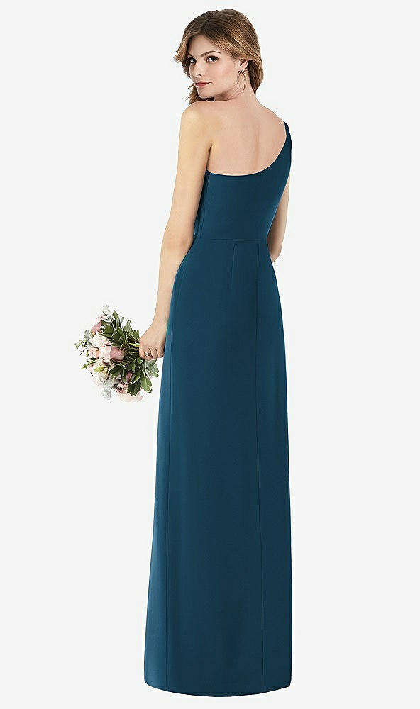 Back View - Atlantic Blue One-Shoulder Crepe Trumpet Gown with Front Slit