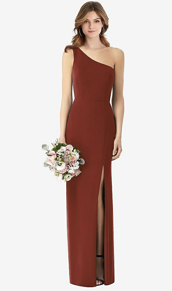 Front View - Auburn Moon One-Shoulder Crepe Trumpet Gown with Front Slit