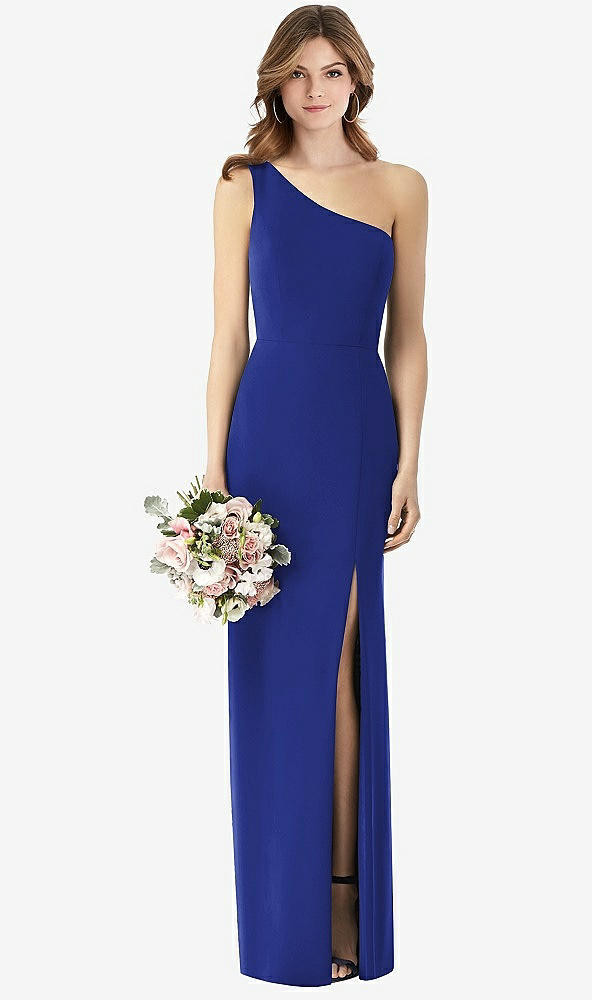 Front View - Cobalt Blue One-Shoulder Crepe Trumpet Gown with Front Slit