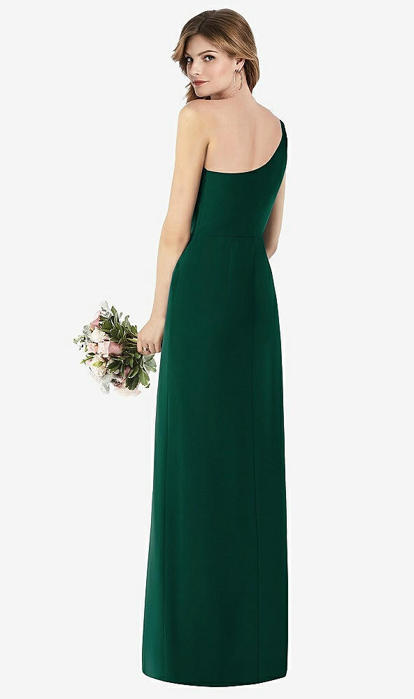 Back View - Hunter Green One-Shoulder Crepe Trumpet Gown with Front Slit