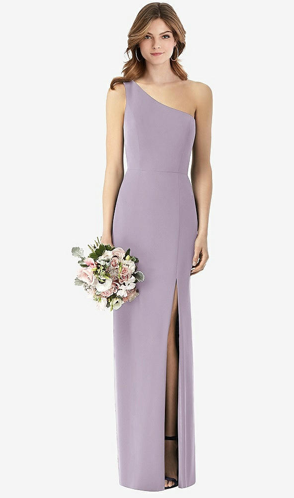 Front View - Lilac Haze One-Shoulder Crepe Trumpet Gown with Front Slit