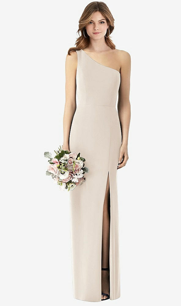 Front View - Oat One-Shoulder Crepe Trumpet Gown with Front Slit