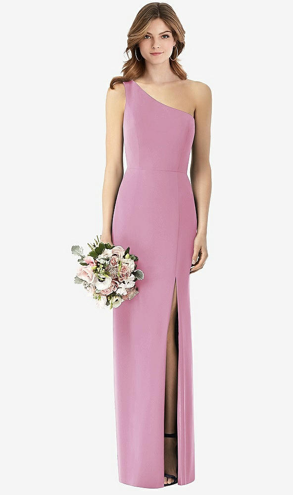 Front View - Powder Pink One-Shoulder Crepe Trumpet Gown with Front Slit