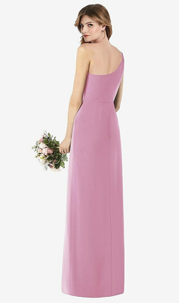 Back View - Powder Pink One-Shoulder Crepe Trumpet Gown with Front Slit