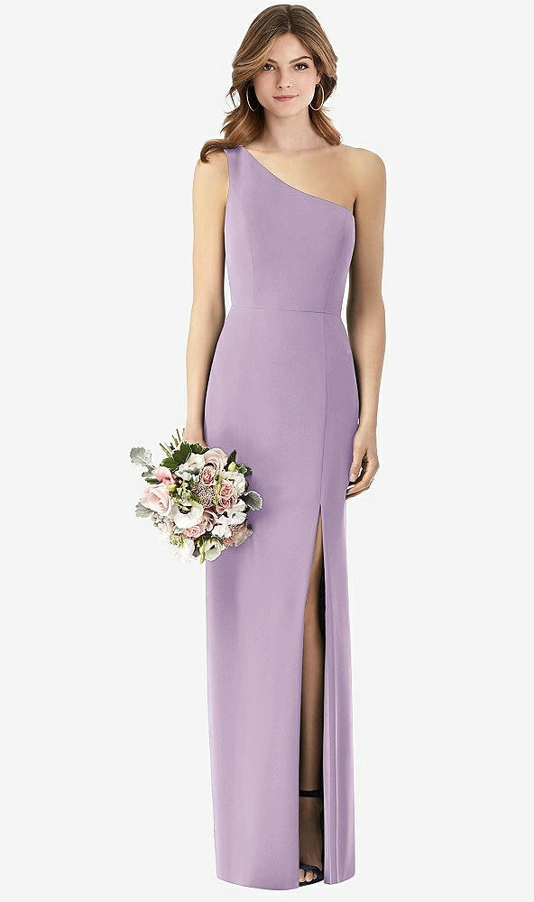 Front View - Pale Purple One-Shoulder Crepe Trumpet Gown with Front Slit