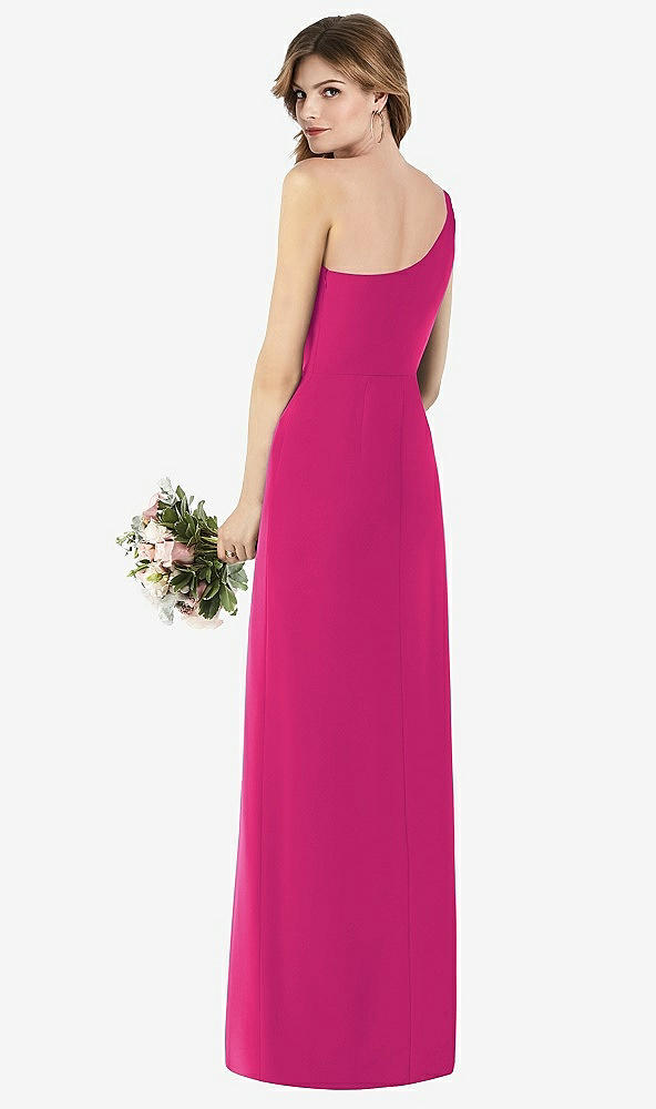 Back View - Think Pink One-Shoulder Crepe Trumpet Gown with Front Slit