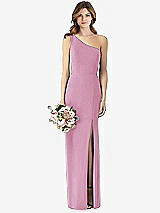 Front View Thumbnail - Powder Pink One-Shoulder Crepe Trumpet with Front Slit
