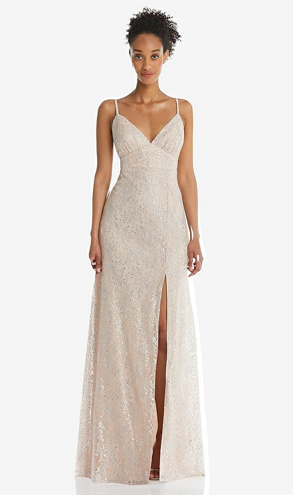 Front View - Cameo V-Neck Metallic Lace Maxi Dress with Adjustable Straps
