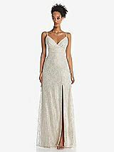 Front View Thumbnail - Champagne V-Neck Metallic Lace Maxi Dress with Adjustable Straps