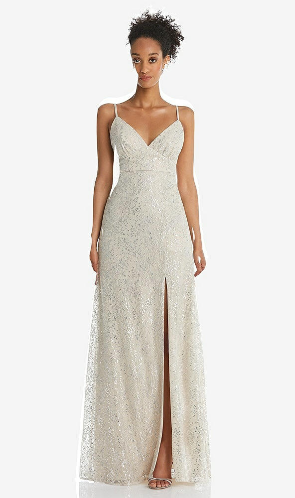 Front View - Champagne V-Neck Metallic Lace Maxi Dress with Adjustable Straps