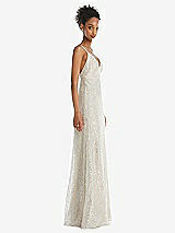 Side View Thumbnail - Champagne V-Neck Metallic Lace Maxi Dress with Adjustable Straps