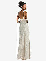 Rear View Thumbnail - Champagne V-Neck Metallic Lace Maxi Dress with Adjustable Straps