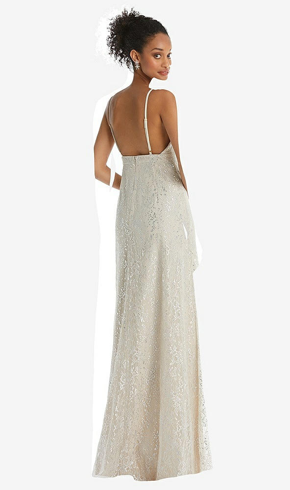 Back View - Champagne V-Neck Metallic Lace Maxi Dress with Adjustable Straps