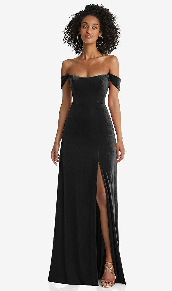 Front View - Black Off-the-Shoulder Flounce Sleeve Velvet Maxi Dress