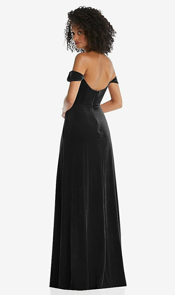 Back View - Black Off-the-Shoulder Flounce Sleeve Velvet Maxi Dress