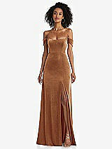 Front View Thumbnail - Golden Almond Off-the-Shoulder Flounce Sleeve Velvet Maxi Dress