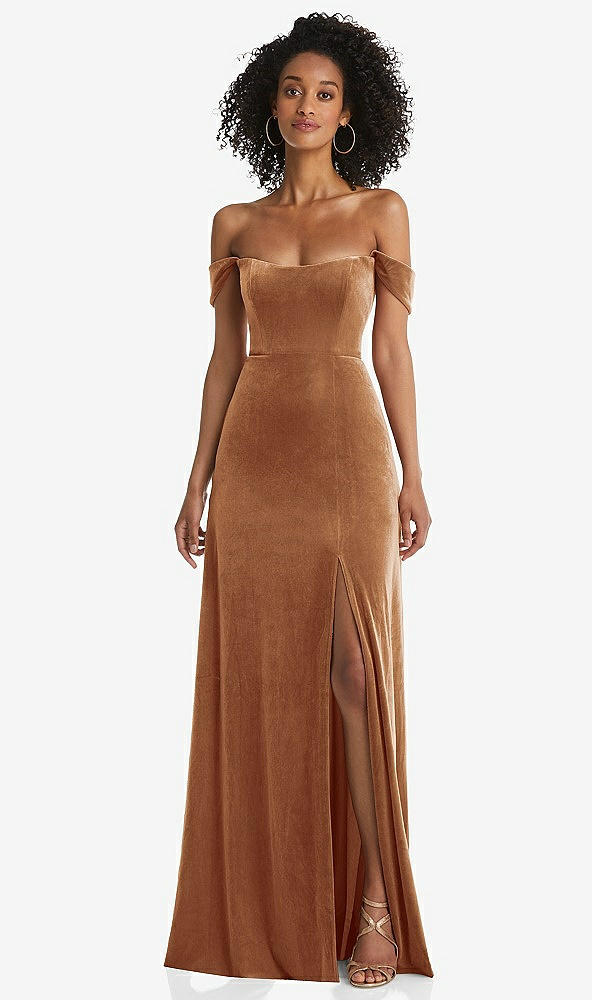 Front View - Golden Almond Off-the-Shoulder Flounce Sleeve Velvet Maxi Dress
