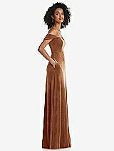 Side View Thumbnail - Golden Almond Off-the-Shoulder Flounce Sleeve Velvet Maxi Dress