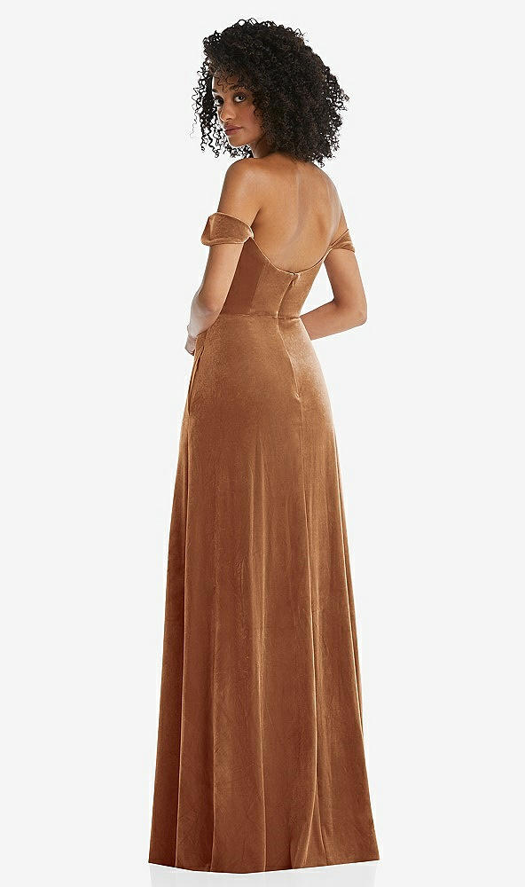 Back View - Golden Almond Off-the-Shoulder Flounce Sleeve Velvet Maxi Dress