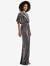 Side View Thumbnail - Caviar Gray Flutter Sleeve Open-Back Velvet Maxi Dress with Draped Wrap Skirt