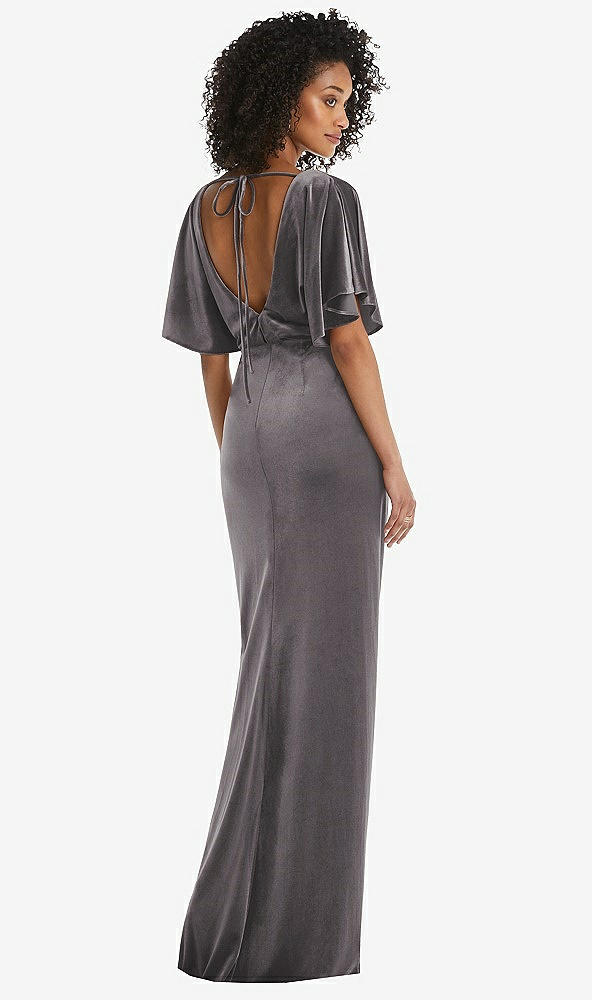 Back View - Caviar Gray Flutter Sleeve Open-Back Velvet Maxi Dress with Draped Wrap Skirt