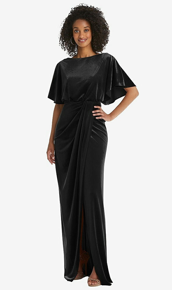 Front View - Black Flutter Sleeve Open-Back Velvet Maxi Dress with Draped Wrap Skirt