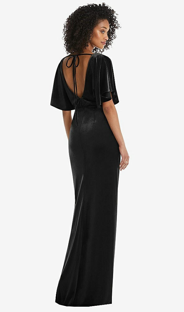 Back View - Black Flutter Sleeve Open-Back Velvet Maxi Dress with Draped Wrap Skirt