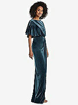 Side View Thumbnail - Dutch Blue Flutter Sleeve Open-Back Velvet Maxi Dress with Draped Wrap Skirt