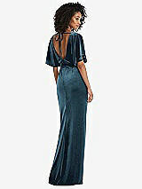 Rear View Thumbnail - Dutch Blue Flutter Sleeve Open-Back Velvet Maxi Dress with Draped Wrap Skirt