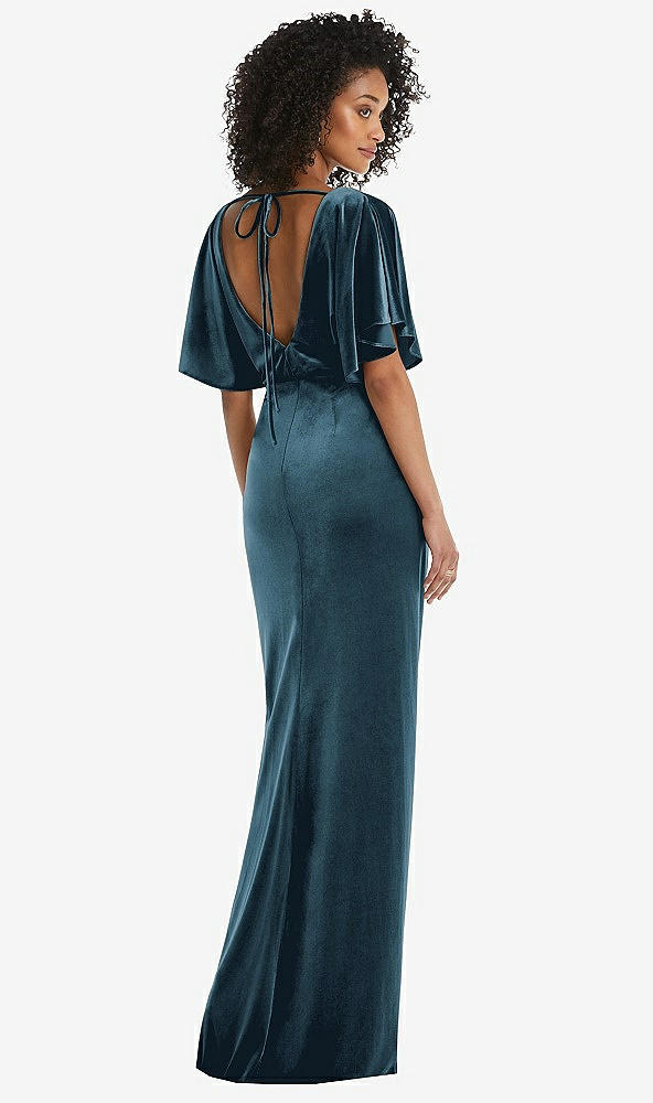 Back View - Dutch Blue Flutter Sleeve Open-Back Velvet Maxi Dress with Draped Wrap Skirt