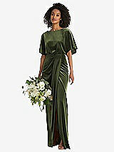 Alt View 1 Thumbnail - Olive Green Flutter Sleeve Open-Back Velvet Maxi Dress with Draped Wrap Skirt