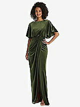 Front View Thumbnail - Olive Green Flutter Sleeve Open-Back Velvet Maxi Dress with Draped Wrap Skirt