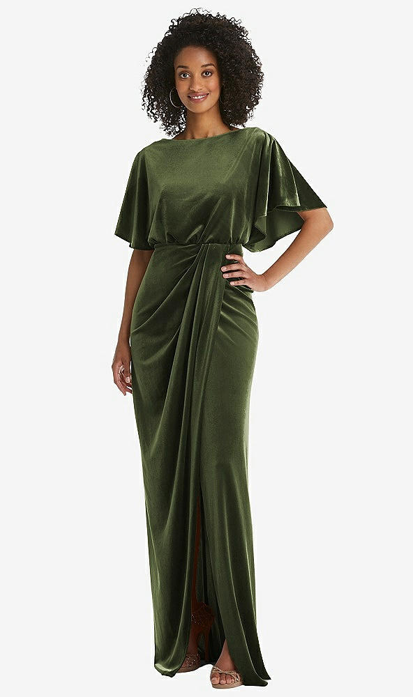 Front View - Olive Green Flutter Sleeve Open-Back Velvet Maxi Dress with Draped Wrap Skirt
