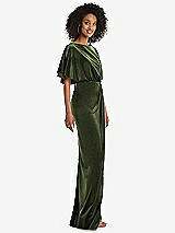 Side View Thumbnail - Olive Green Flutter Sleeve Open-Back Velvet Maxi Dress with Draped Wrap Skirt