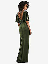 Rear View Thumbnail - Olive Green Flutter Sleeve Open-Back Velvet Maxi Dress with Draped Wrap Skirt