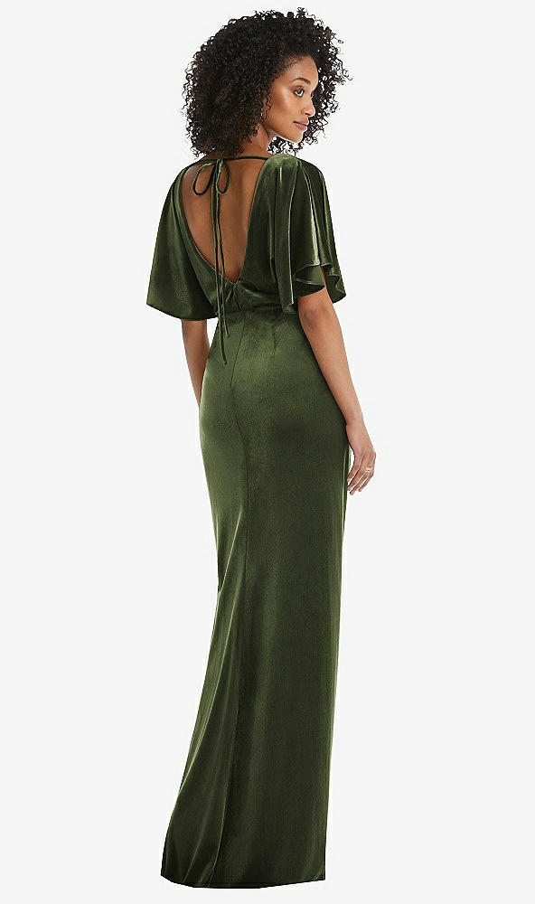 Back View - Olive Green Flutter Sleeve Open-Back Velvet Maxi Dress with Draped Wrap Skirt