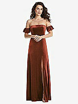 Front View Thumbnail - Auburn Moon Ruffle Sleeve Off-the-Shoulder Velvet Maxi Dress