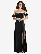 Front View Thumbnail - Black Ruffle Sleeve Off-the-Shoulder Velvet Maxi Dress